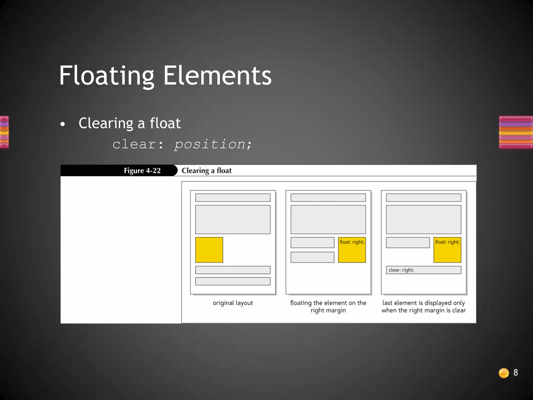 Floating Elements
• Clearing a float
       clear: position;




                          8
 