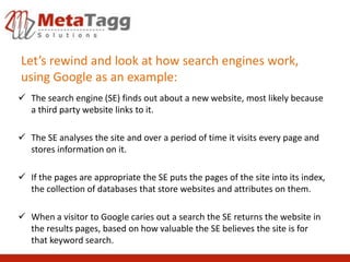 Let’s rewind and look at how search engines work,
using Google as an example:
 The search engine (SE) finds out about a new website, most likely because
  a third party website links to it.

 The SE analyses the site and over a period of time it visits every page and
  stores information on it.

 If the pages are appropriate the SE puts the pages of the site into its index,
  the collection of databases that store websites and attributes on them.

 When a visitor to Google caries out a search the SE returns the website in
  the results pages, based on how valuable the SE believes the site is for
  that keyword search.
 