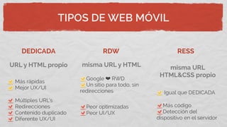 TIPOS DE WEB MÓVIL
DEDICADA RDW RESS
Más rápidas
Mejor UX/UI
Múltiples URL’s
Redirecciones
Contenido duplicado
Diferente UX/UI
Google ❤ RWD
Un sitio para todo, sin
redirecciones
Peor optimizadas
Peor UI/UX
URL y HTML propio misma URL y HTML misma URL
HTML&CSS propio
Igual que DEDICADA
Más código
Detección del
dispositivo en el servidor
 