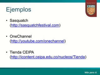 Ejemplos
• Sasquatch
(http://sasquatchfestival.com)
• OneChannel
(http://youtube.com/onechannel)
• Tienda CEIPA
(http://icontent.ceipa.edu.co/nucleos/Tienda)
 