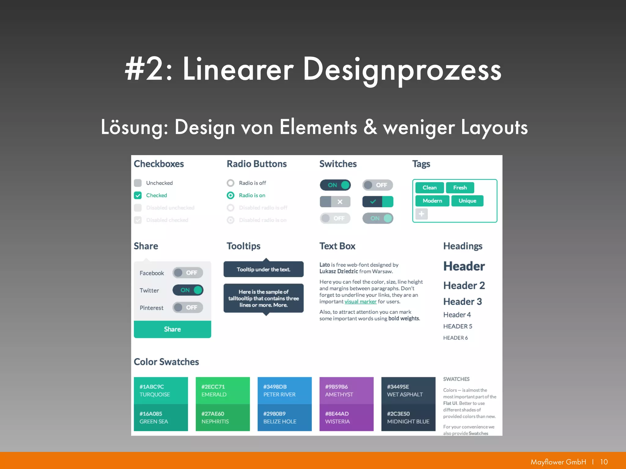 Mayflower GmbH I 10
#2: Linearer Designprozess
Lösung: Design von Elements & weniger Layouts
 