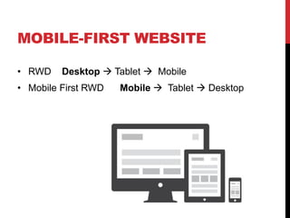 MOBILE-FIRST WEBSITE
? RWD

Desktop ? Tablet ? Mobile

? Mobile First RWD

Mobile ? Tablet ? Desktop

 