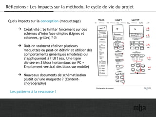 25
Réflexions : Les impacts sur la méthodo, le cycle de vie du projet
Quels impacts sur la conception (maquettage)
 Créativité : Se limiter forcément sur des
schémas d’interface simples (Lignes et
colonnes, grilles) ? 
 Doit-on vraiment réaliser plusieurs
maquettes ou peut-on définir et utiliser des
comportements génériques (modèles) qui
s’appliqueront à l’UI ? (ex. Une ligne
divisée en 3 blocs horizontaux sur PC =
Empilement vertical des blocs sur mobile)
 Nouveaux documents de schématisation
plutôt qu’une maquette ? (Content-
choreography)
Les patterns à la rescousse !
 