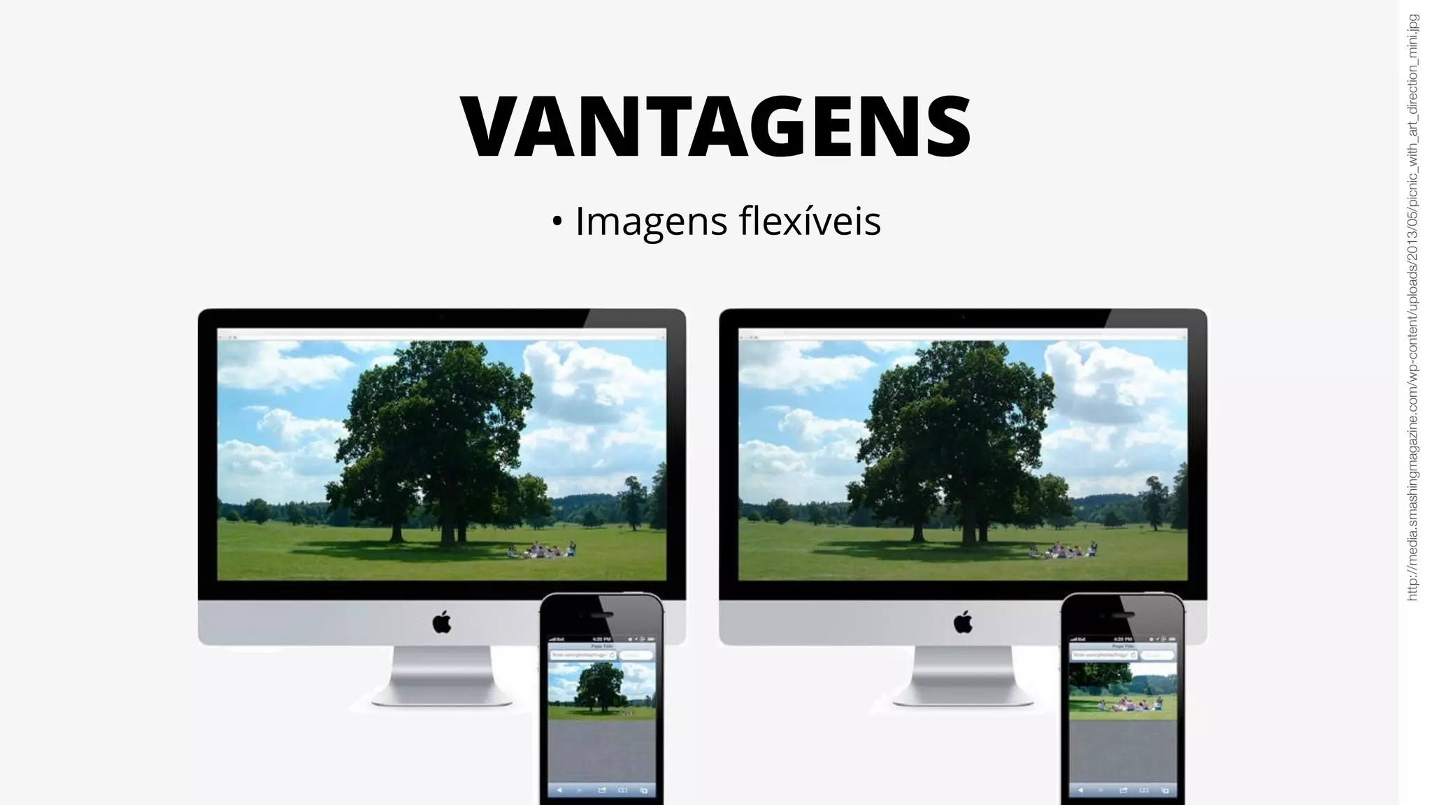 VANTAGENS
• Imagens ﬂexíveis
http://media.smashingmagazine.com/wp-content/uploads/2013/05/picnic_with_art_direction_mini.jpg
 