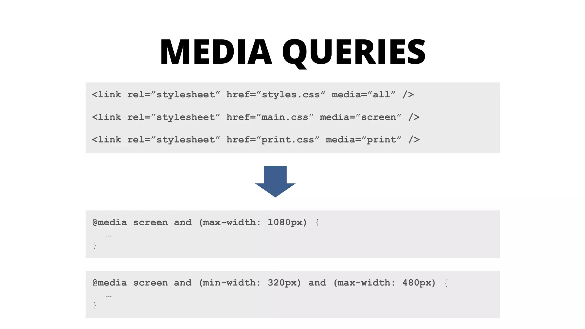 <link rel=”stylesheet” href=”styles.css” media=”all” />
!
<link rel=”stylesheet” href=”main.css” media=”screen” />
!
<link rel=”stylesheet” href=”print.css” media=”print” />
@media screen and (min-width: 320px) and (max-width: 480px) {
…
}
@media screen and (max-width: 1080px) {
…
}
MEDIA QUERIES
 