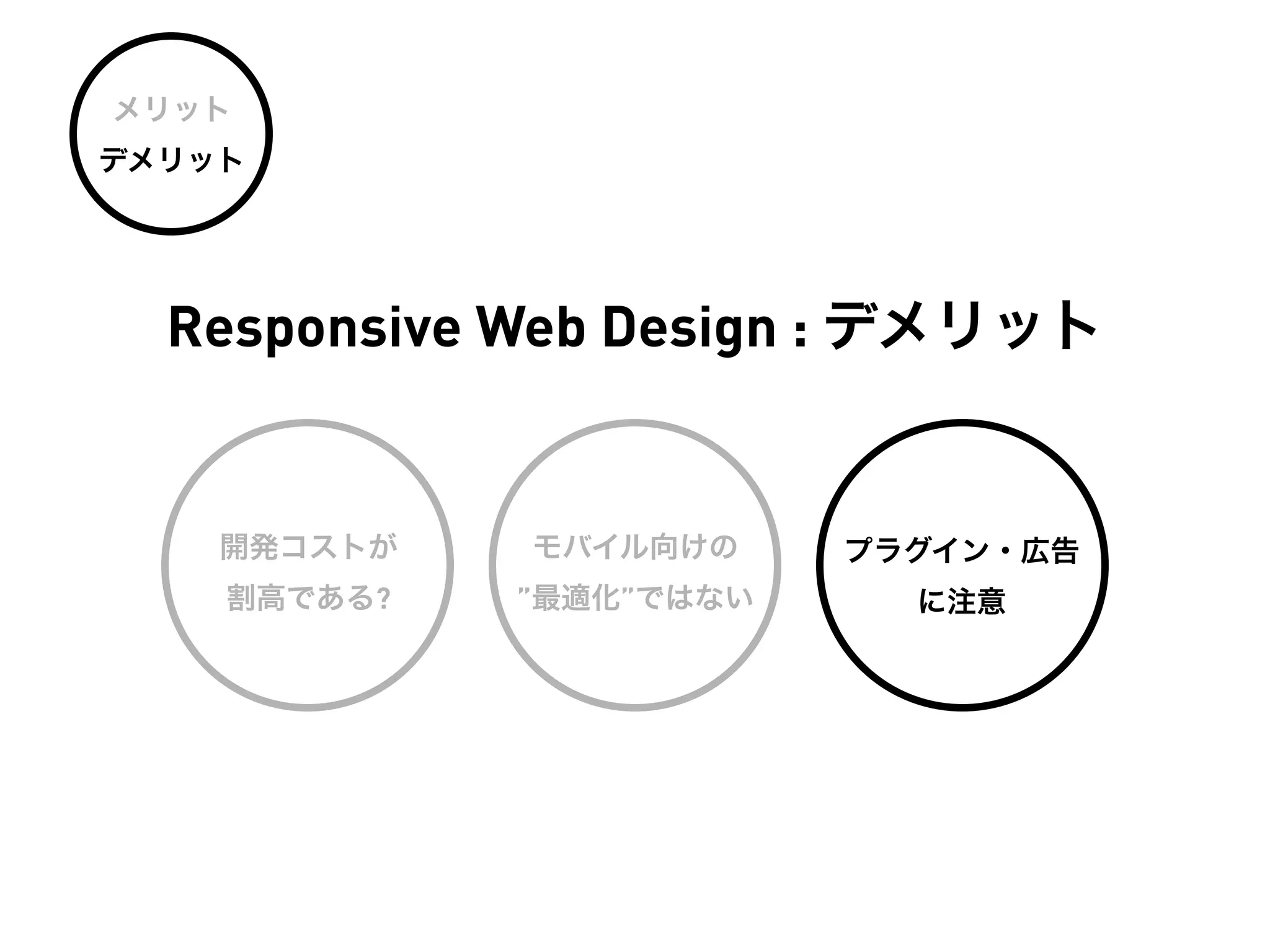 メリット
デメリット




  Responsive Web Design : デメリット


    開発コストが   モバイル向けの     プラグイン・広告
    割高である?   ”最適化”ではない     に注意
 