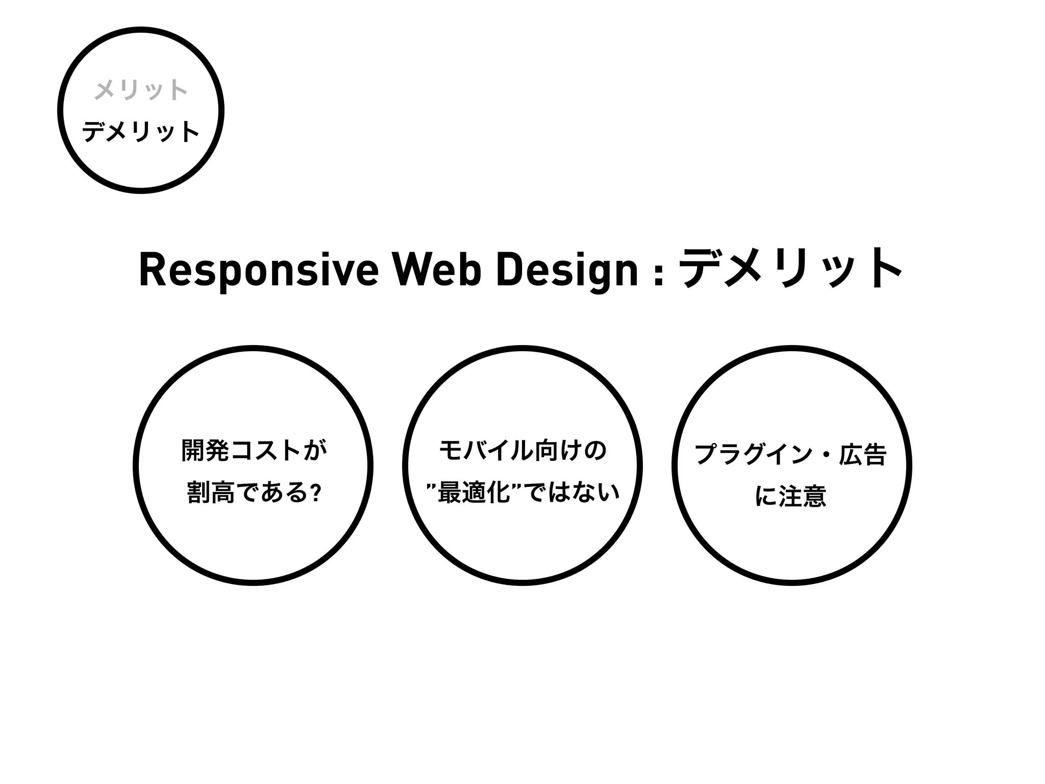 メリット
デメリット




  Responsive Web Design : デメリット


    開発コストが   モバイル向けの     プラグイン・広告
    割高である?   ”最適化”ではない     に注意
 
