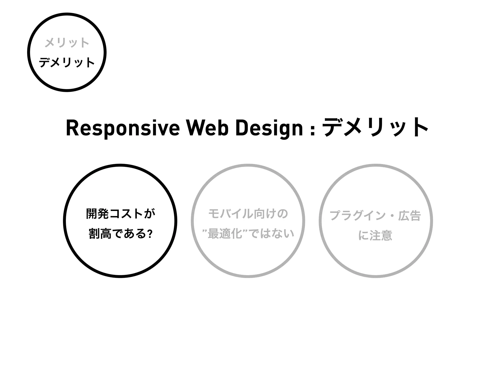 メリット
デメリット




  Responsive Web Design : デメリット


    開発コストが   モバイル向けの     プラグイン・広告
    割高である?   ”最適化”ではない     に注意
 