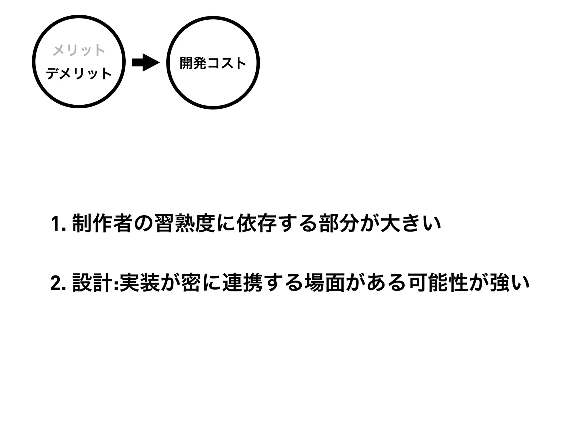 メリット
        開発コスト
デメリット




1. 制作者の習熟度に依存する部分が大きい

2. 設計:実装が密に連携する場面がある可能性が強い
 