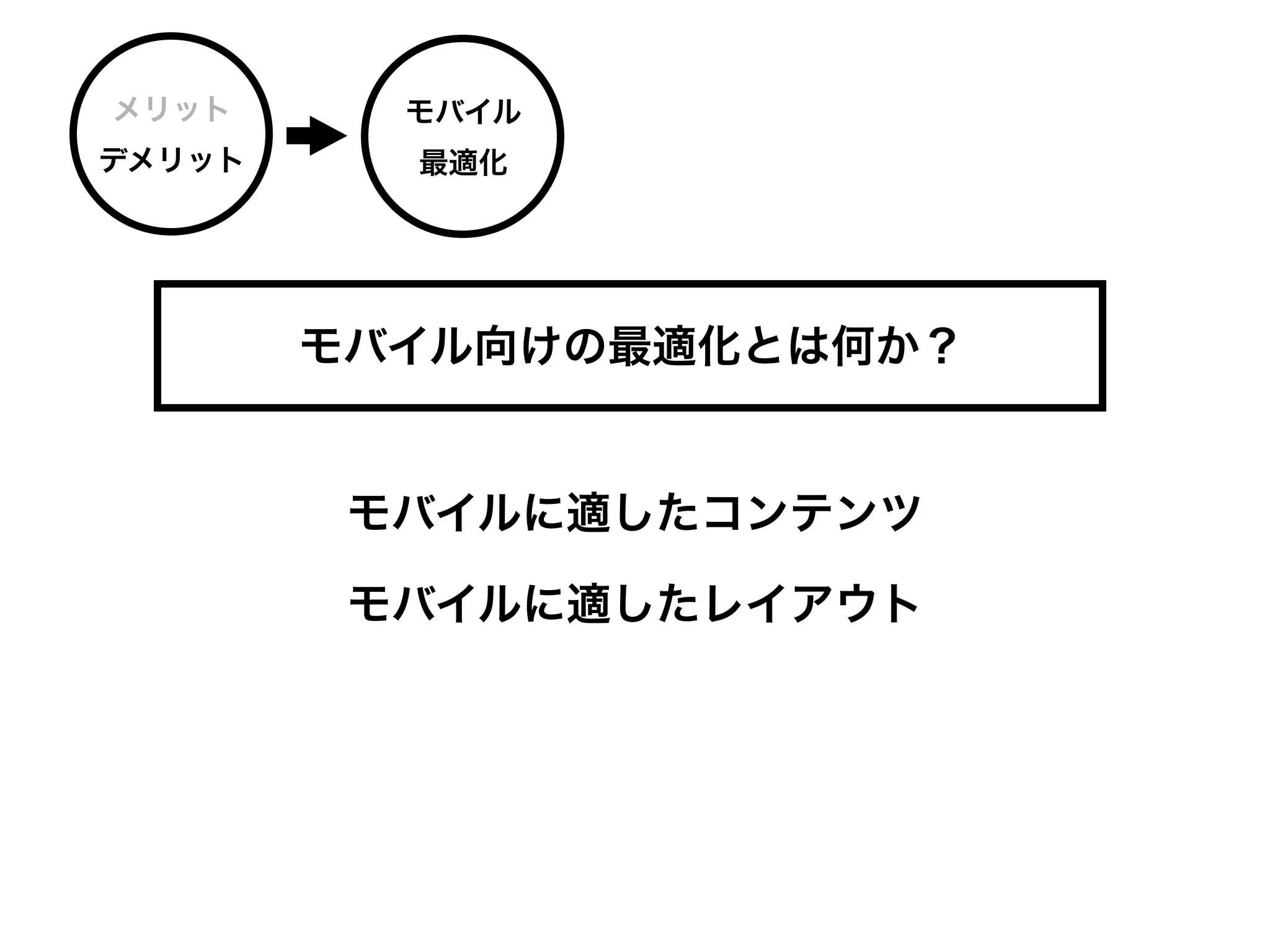 メリット      モバイル
デメリット     最適化




        モバイル向けの最適化とは何か？


         モバイルに適したコンテンツ

         モバイルに適したレイアウト
 