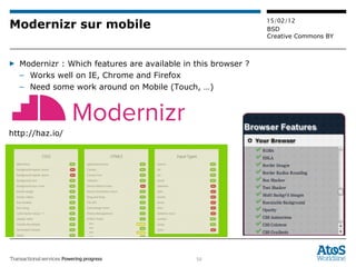 Modernizr sur mobile Modernizr : Which features are available in this browser ? Works well on IE, Chrome and Firefox Need some work around on Mobile (Touch, …) http://haz.io/ 