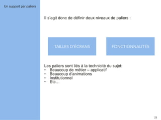 23 
Il s’agit donc de définir deux niveaux de paliers : 
Les paliers sont liés à la technicité du sujet: 
• Beaucoup de métier – applicatif 
• Beaucoup d’animations 
• Institutionnel 
• Etc… 
Un support par paliers 
TAILLES D’ÉCRANS FONCTIONNALITÉS 
 