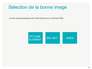 47 
Sélection de la bonne image 
Le w3c et ses participants sont enfin d’accord sur un format HTML 
PICTURE 
ELEMENT SRC SET SIZES 
 