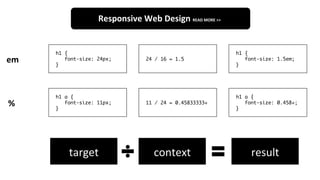 h1 {
font-size: 24px;
}
24 / 16 = 1.5
h1 {
font-size: 1.5em;
}
h1 a {
font-size: 11px;
}
11 / 24 = 0.45833333+
h1 a {
font-size: 0.458+;
}
Responsive	Web	Design	READ	MORE	>>	
em	
%	
target	 context	 result	
 