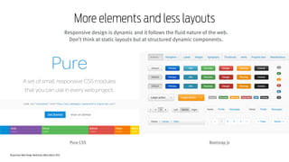 Responsive Web Design Workshop | Milan March 2014
More elements and less layouts
Responsive design is dynamic and it follows the fluid nature of the web.
Don’t think at static layouts but at structured dynamic components.
Pure CSS Bootsrap Js
 