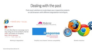 Responsive Web Design Workshop | Milan March 2014
Dealing with the past
Find smart solutions to scale down your responsive projects 
on old browsers with different degradation techniques.
Nothing or degradation Simplify cross browser/ devices compatibility Browser evolution
 
