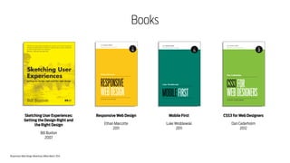 Responsive Web Design Workshop | Milan March 2014
Books
Sketching User Experiences:
Getting the Design Right and
the Right Design
!
Bill Buxton
2007
Responsive Web Design
!
Ethan Marcotte
2011
CSS3 for Web Designers
!
Dan Cederholm
2012
Mobile First
!
Luke Wroblewski
2011
 