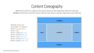 Responsive Web Design Workshop | Milan March 2014
Content Coreography
@media screen and
(max-width: 33.236em) {
#main { display: flex; }
#main > nav,
#main > aside { flex: 1; }
#main > article { flex: 2; }
#main > nav { order: 0; }
#main > article { order: 1; }
#main > aside { order: 2; }
Grid will be perfect to organize the layout structure with high-level elements whereas
Flexbox will be best-suited for some modules that require specific alignments and ordering
< header >
< article >
< footer >
< nav > < aside >
 