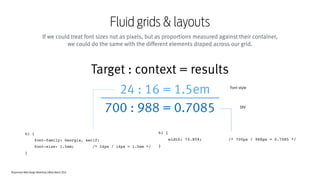 Responsive Web Design Workshop | Milan March 2014
Fluid grids & layouts
If we could treat font sizes not as pixels, but as proportions measured against their container,
we could do the same with the different elements draped across our grid.
Target : context = results
24 : 16 = 1.5em
700 : 988 = 0.7085
Font style
DIV
 