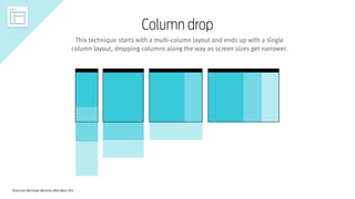 Responsive Web Design Workshop | Milan March 2014
Column drop
This technique starts with a multi-column layout and ends up with a single
column layout, dropping columns along the way as screen sizes get narrower.
 