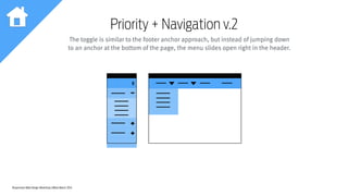 Responsive Web Design Workshop | Milan March 2014
The toggle is similar to the footer anchor approach, but instead of jumping down
to an anchor at the bottom of the page, the menu slides open right in the header.
Priority + Navigation v.2
 