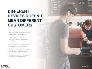 DIFFERENT
DEVICES DOESN’T
MEAN DIFFERENT
CUSTOMERS
90% use multiple screens sequentially
to accomplish a task over time
The average person uses a
combination of 3 different screens
every day
Smartphones are the most common
starting place for online activities
PCs/laptops are most often a starting
point for more complex activities
Tablets are most often a starting point
for shopping and trip planning
HubSpot 2012
 
