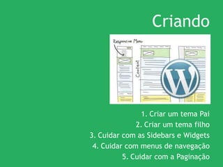 Criando
1. Criar um tema Pai
2. Criar um tema filho
3. Cuidar com as Sidebars e Widgets
4. Cuidar com menus de navegação
5. Cuidar com a Paginação
 