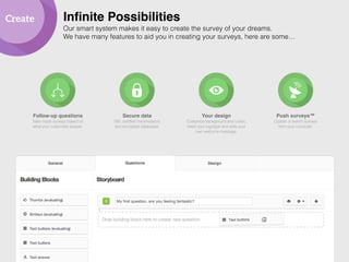 Infinite Possibilities 
Our smart system makes it easy to create the survey of your dreams. 
We have many features to aid you in creating your surveys, here are some… 
Push surveys™ 
Update or switch surveys 
from your computer. 
Follow-up questions! 
Tailor made surveys based on 
what your customers answer. 
Secure data! 
SSL-certified transmissions 
and encrypted databases. 
Create 
Your design! 
Customize background and colors, 
insert your logotype and write your 
own welcome message. 
 