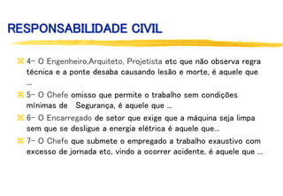 RESPONSABILIDADE CIVIL
 4- O Engenheiro,Arquiteto, Projetista etc que não observa regra
técnica e a ponte desaba causando lesão e morte, é aquele que
...
 5- O Chefe omisso que permite o trabalho sem condições
mínimas de Segurança, é aquele que ...
 6- O Encarregado de setor que exige que a máquina seja limpa
sem que se desligue a energia elétrica é aquele que...
 7- O Chefe que submete o empregado a trabalho exaustivo com
excesso de jornada etc, vindo a ocorrer acidente, é aquele que ...
 