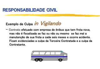 RESPONSABILIDADE CIVIL
Exemplo de Culpa in Vigilando
- Contrato efetuado com empresa de ônibus que tem frota nova,
mas não é fiscalizada se faz ou não ou mesmo se faz mal a
manutenção de sua frota a cada seis meses e ocorre acidente.
Ficam evidenciadas a culpa da Terceira Contratada e a culpa da
Contratante.
 