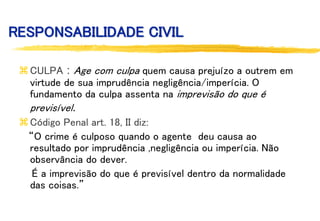 RESPONSABILIDADE CIVIL
CULPA : Age com culpa quem causa prejuízo a outrem em
virtude de sua imprudência negligência/imperícia. O
fundamento da culpa assenta na imprevisão do que é
previsível.
Código Penal art. 18, II diz:
“O crime é culposo quando o agente deu causa ao
resultado por imprudência ,negligência ou imperícia. Não
observância do dever.
É a imprevisão do que é previsível dentro da normalidade
das coisas.”
 
