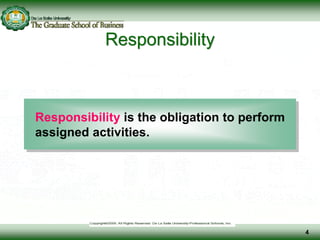 Responsibility
Responsibility is the obligation to perform
assigned activities.
4
 