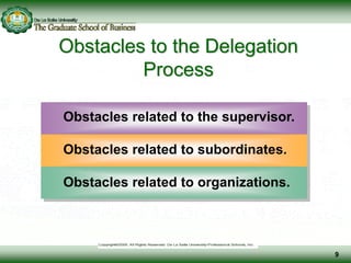 Obstacles to the Delegation
Process
Obstacles related to the supervisor.
Obstacles related to subordinates.
Obstacles related to organizations.
9
 