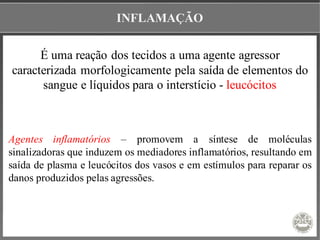 INFLAMAÇÃO
É uma reação dos tecidos a uma agente agressor
caracterizada morfologicamente pela saída de elementos do
sangue e líquidos para o interstício - leucócitos
Agentes inflamatórios – promovem a síntese de moléculas
sinalizadoras que induzem os mediadores inflamatórios, resultando em
saída de plasma e leucócitos dos vasos e em estímulos para reparar os
danos produzidos pelas agressões.
 