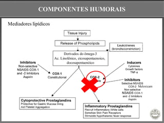 COMPONENTES HUMORAIS
Mediadores lipídicos
Derivados do ômega-3
Ac. Linolênico, eicosapentaenoico,
docosapentaenóico
Meloxicam
 