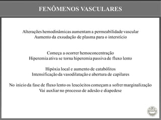 FENÔMENOS VASCULARES
Alterações hemodinâmicas aumentam a permeabilidade vascular
Aumento da exsudação de plasma para o interstício
Começa a ocorrer hemoconcentração
Hiperemia ativa se torna hiperemia passiva de fluxo lento
Hipóxia local e aumento de catabólitos
Intensificaçãoda vasodilataçãoe abertura de capilares
No inicioda fase de fluxo lento os leucócitos começam a sofrer marginalização
Vai auxliar no processo de adesão e diapedese
 