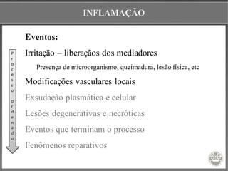 INFLAMAÇÃO
Eventos:
Irritação – liberaçãos dos mediadores
Presença de microorganismo, queimadura, lesão física, etc
Modificações vasculares locais
Exsudação plasmática e celular
Lesões degenerativas e necróticas
Eventos que terminam o processo
Fenômenos reparativos
P
r
o
c
e
s
s
o
o
r
d
e
n
a
d
o
 