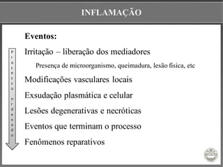 INFLAMAÇÃO
Eventos:
Irritação – liberação dos mediadores
Presença de microorganismo, queimadura, lesão física, etc
Modificações vasculares locais
Exsudação plasmática e celular
Lesões degenerativas e necróticas
Eventos que terminam o processo
Fenômenos reparativos
P
r
o
c
e
s
s
o
o
r
d
e
n
a
d
o
 