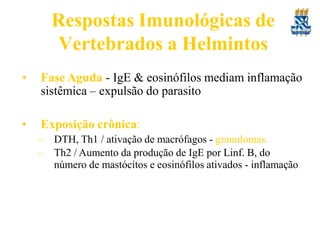 Respostas Imunológicas de
Vertebrados a Helmintos
• Fase Aguda - IgE & eosinófilos mediam inflamação
sistêmica – expulsão do parasito
• Exposição crônica:
– DTH, Th1 / ativação de macrófagos - granulomas.
– Th2 / Aumento da produção de IgE por Linf. B, do
número de mastócitos e eosinófilos ativados - inflamação
 