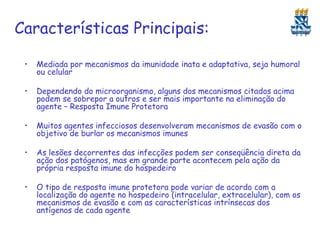 Características Principais:
•

Mediada por mecanismos da imunidade inata e adaptativa, seja humoral
ou celular

•

Dependendo do microorganismo, alguns dos mecanismos citados acima
podem se sobrepor a outros e ser mais importante na eliminação do
agente – Resposta Imune Protetora

•

Muitos agentes infecciosos desenvolveram mecanismos de evasão com o
objetivo de burlar os mecanismos imunes

•

As lesões decorrentes das infecções podem ser conseqüência direta da
ação dos patógenos, mas em grande parte acontecem pela ação da
própria resposta imune do hospedeiro

•

O tipo de resposta imune protetora pode variar de acordo com a
localização do agente no hospedeiro (intracelular, extracelular), com os
mecanismos de evasão e com as características intrínsecas dos
antígenos de cada agente

 