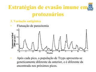 Estratégias de evasão imune em
protozoários
3. Variação antigênica
•
Flutuação de parasitemia

•

Após cada pico, a população de Tryps apresenta-se
geneticamente diferente da anterior, e é diferente da
encontrada nos próximos picos.

 