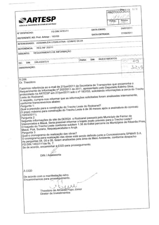 Resposta ao requerimento de informações à Dersa sobre a construção do Trecho Leste do Rodoanel 