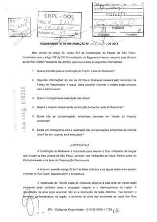 Resposta ao requerimento de informações à Dersa sobre a construção do Trecho Leste do Rodoanel 
