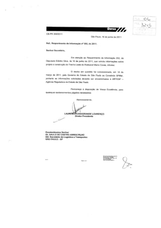 Resposta ao requerimento de informações à Dersa sobre a construção do Trecho Leste do Rodoanel 