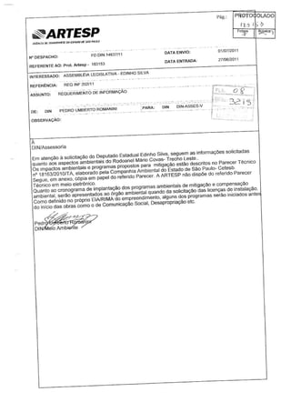 Resposta ao requerimento de informações à Dersa sobre a construção do Trecho Leste do Rodoanel 