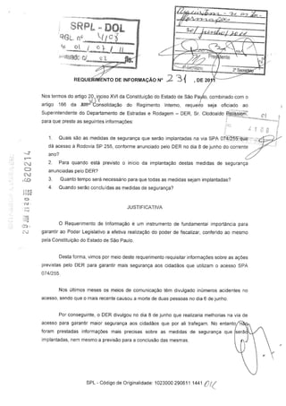 Resposta ao requerimento de informações ao Superintendente do Departamento de Estradas e Rodagem – DER 