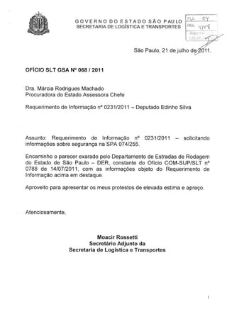 Resposta ao requerimento de informações ao Superintendente do Departamento de Estradas e Rodagem – DER 