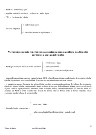 - ADH→ ↑ reabsorção{ água
- peptídeo natriurético atrial→ ↓ reabsorção{ sódio, água
- PTH→ ↑ reabsorção{ cálcio


                       - ↑ reabsorção{ sódio
- ativação simpática
                       - ↑ liberação{ renina→ angiotensina II




    Mecanismos renais e mecanismos associados para o controle dos líquidos
                        corporais e seus constituintes


                                                   - ↑ reabsorção{ água
- ADH age→ túbulos distais e ductos coletores      - urina concentrada
                                                   - não altera{ excreção renal{ solutos


- independentemente da presença ou ausência de ADH, o líquido que deixa a porção inicial do segmento tubular
distal é hiposmótico, com osmolaridade de apenas um terço da osmolaridade do plasma.
- o mecanismo para a formação de urina diluída consiste na reabsorção contínua de solutos dos segmentos
distais do sistema tubular, enquanto não ocorre reabsorção de água. O líquido que deixa o ramo ascendente da
alça de Henle e a porção inicial do túbulo distal é sempre diluído, independentemente do nível de ADH. Na
ausência de ADH, a urina é ainda mais diluída na porção final do túbulo distal e ductos coletores, sendo
excretado grande volume de urina diluída.




                                    - alto nível{ ADH
- formação{ urina concentrada
                                    - alta osmolalidade{ líquido intersticial{ medula renal




                                                                                                         10
Thiago M. Zago                     medUnicamp XLVI
 