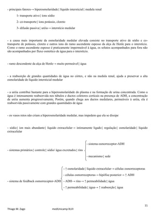 - principais fatores→ hiperosmolaridade{ líquido intersticial{ medula renal
       1- transporte ativo{ íons sódio
       2- co-transporte{ íons potássio, cloreto
       3- difusão passiva{ uréia→ interstício medular


- a causa mais importante da osmolaridade medular elevada consiste no transporte ativo de sódio e co-
transporte de potássio, cloreto e outros íons do ramo ascendente espesso da alça de Henle para o interstício.
Como o ramo ascendente espesso é praticamente impermeável à água, os solutos acompanhados para fora não
são acompanhados por fluxo osmótico de água para o interstício.


- ramo descendente da alça de Henle→ muito permeável{ água


- a reabsorção de grandes quantidades de água no córtex, e não na medula renal, ajuda a preservar a alta
osmolaridade do líquido intersticial medular


- a uréia contribui bastante para a hiperosmolaridade do plasma e na formação de urina concentrada. Como a
água é intensamente reabsorvida nos túbulos e ductos coletores corticais na presença de ADH, a concentração
de uréia aumenta progressivamente, Porém, quando chega aos ductos medulares, permeáveis à uréia, ela é
reabsorvida passivamente com grandes quantidades de água


- os vasos retos não criam a hiperosmolaridade medular, mas impedem que ela se dissipe


- sódio{ íon mais abundante{ líquido extracelular→ intimamente ligado{ regulação{ osmolaridade{ líquido
extracelular


                                                               - sistema osmorreceptor-ADH
- sistemas primários{ controle{ sódio/ água excretados{ rins
                                                               - mecanismo{ sede


                                             - ↑ osmolaridade{ líquido extracelular→ células osmorreceptoras
                                             - células osmorreceptoras→ hipófise posterior→ ↑ ADH
- sistema de feedback osmorreceptor-ADH - ADH→ rins→ ↑ permeabilidade{ água
                                             - ↑ permeabilidade{ água→ ↑ reabsorção{ água




                                                                                                           11
Thiago M. Zago                      medUnicamp XLVI
 