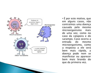 • É por este motivo, que
em alguns casos, não
contraímos uma doença
causada pelo mesmo
microorganismo mais
de uma vez, como no
caso da catapora e do
sarampo. Caso ocorra a
entrada do mesmo
microorganismo, como
a resposta a ele será
bem mais rápida, a
doença pode nem se
manifestar ou aparecer
bem mais branda do
que da primeira vez.
 
